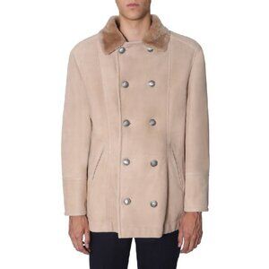 Brunello Cucinelli F/19 Beige Lightweight Straight Hair Shearling Pea Coat